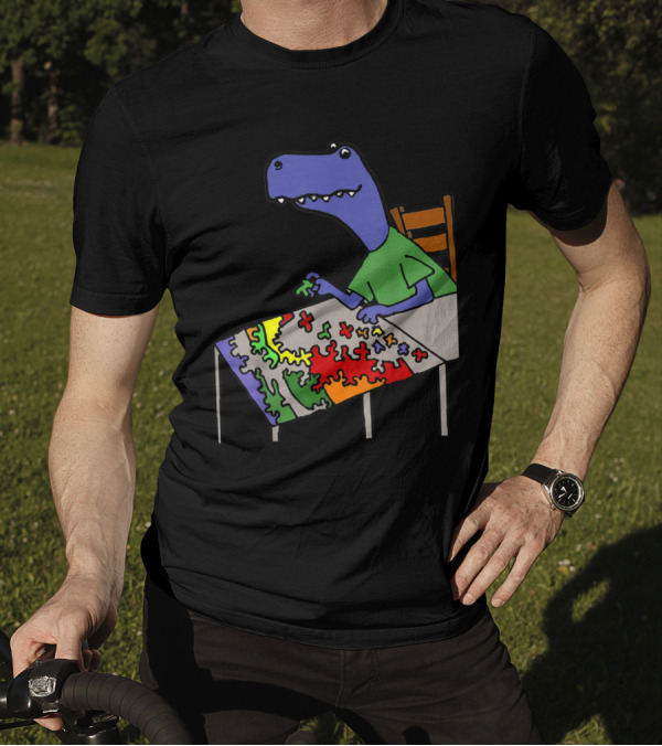 Smileteeshoba Funny Rex Dinosaur Solving Vibrant Jigsaw Puzzle T-Shirt