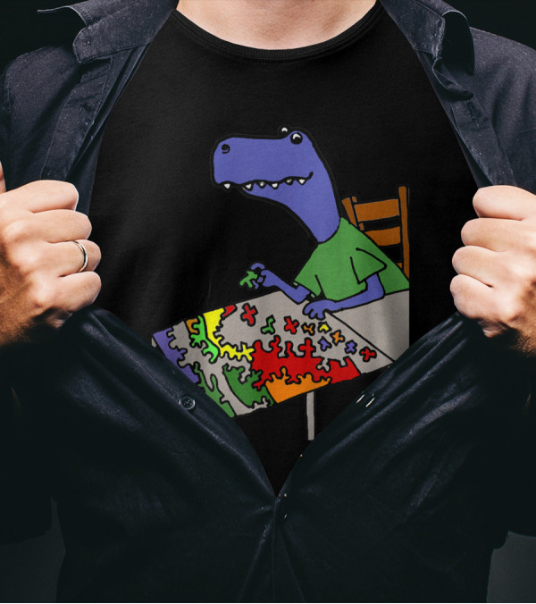 Smileteeshoba Funny Rex Dinosaur Solving Vibrant Jigsaw Puzzle T-Shirt