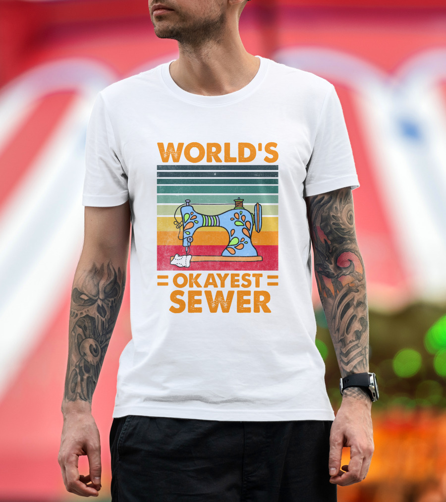 World's Okayest Sewer Vintage Sewing Machine Rainbow Stripes T-Shirt