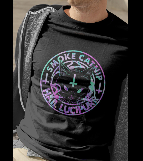 SMOKE CATNIP HAIL LUCIPURR CAT WITH PENTAGRAM AND INVERTED CROSSES T-Shirt