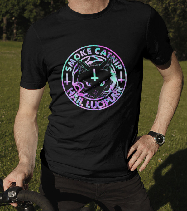 SMOKE CATNIP HAIL LUCIPURR CAT WITH PENTAGRAM AND INVERTED CROSSES T-Shirt