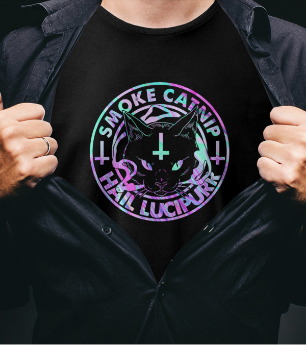 SMOKE CATNIP HAIL LUCIPURR CAT WITH PENTAGRAM AND INVERTED CROSSES T-Shirt