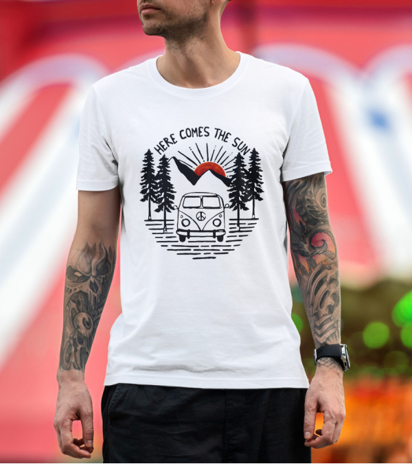 Premium T-Shirt: Here Comes The Sun Vintage Van Sunset Forest Scene T-Shirt Here Comes The Sun Vintage Van Sunset Forest Scene T-Shirt