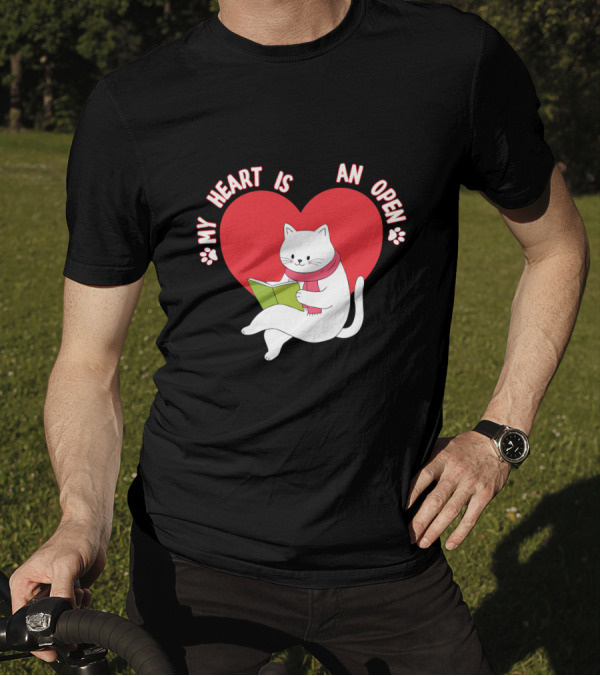 Valentines Day My Heart Is An Open Book Cat Reading T-Shirt