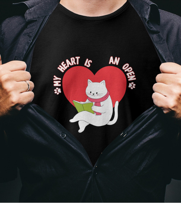 Valentines Day My Heart Is An Open Book Cat Reading T-Shirt