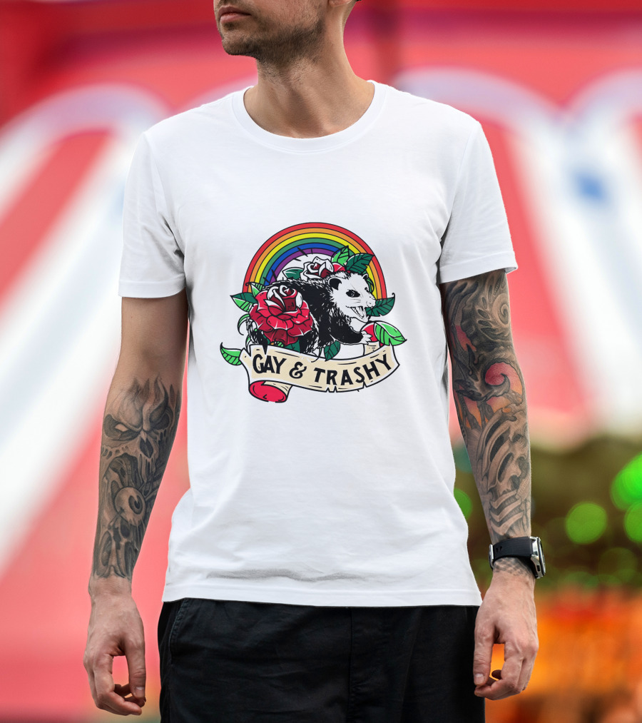 Gay and Trashy Raccoon with Rainbow and Roses T-Shirt
