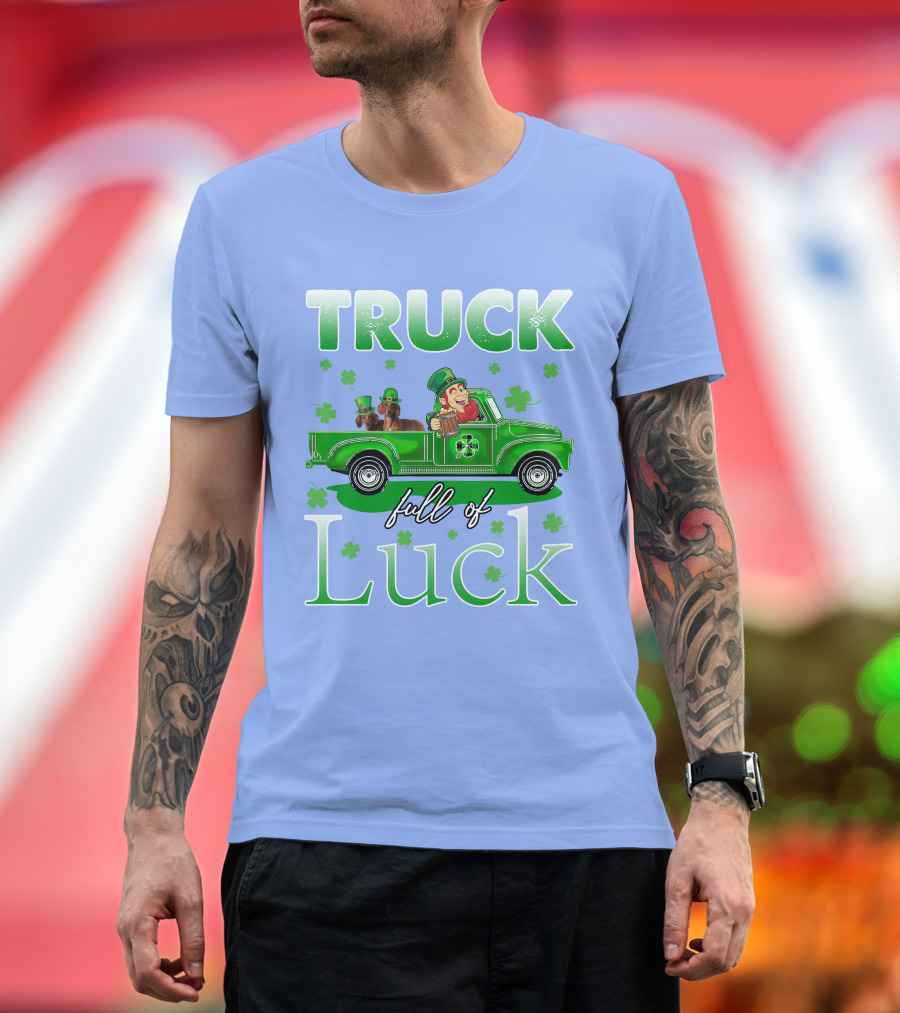 Truck Full of Luck with Dachshund and Leprechaun in Green Shamrock T-Shirt