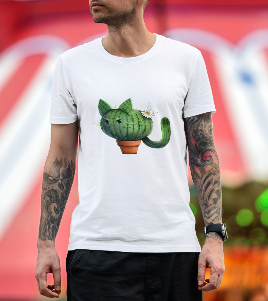 Cat Cactus with Flower in Pot T-Shirt