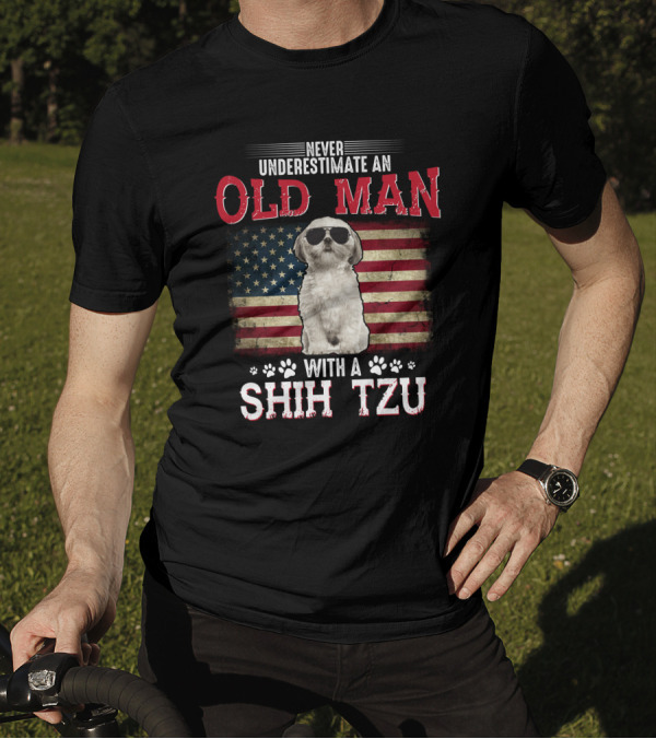 Never Underestimate An Old Man With A Shih Tzu American Flag Sunglasses T-Shirt