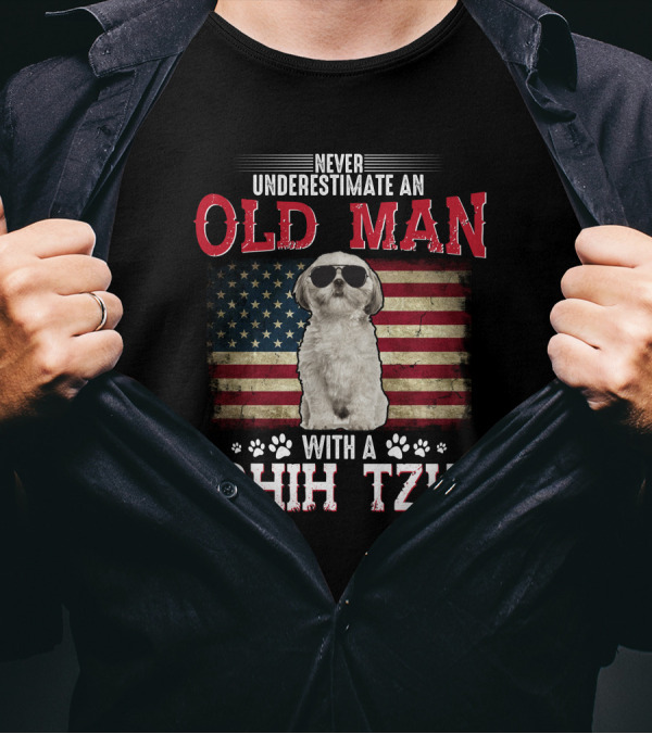 Never Underestimate An Old Man With A Shih Tzu American Flag Sunglasses T-Shirt