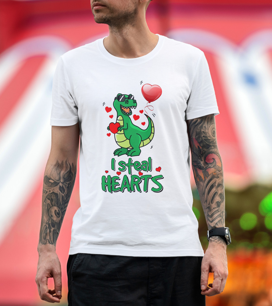 RD Dinosaur Valentines Day I Steal Hearts with Sunglasses and Balloon T-Shirt