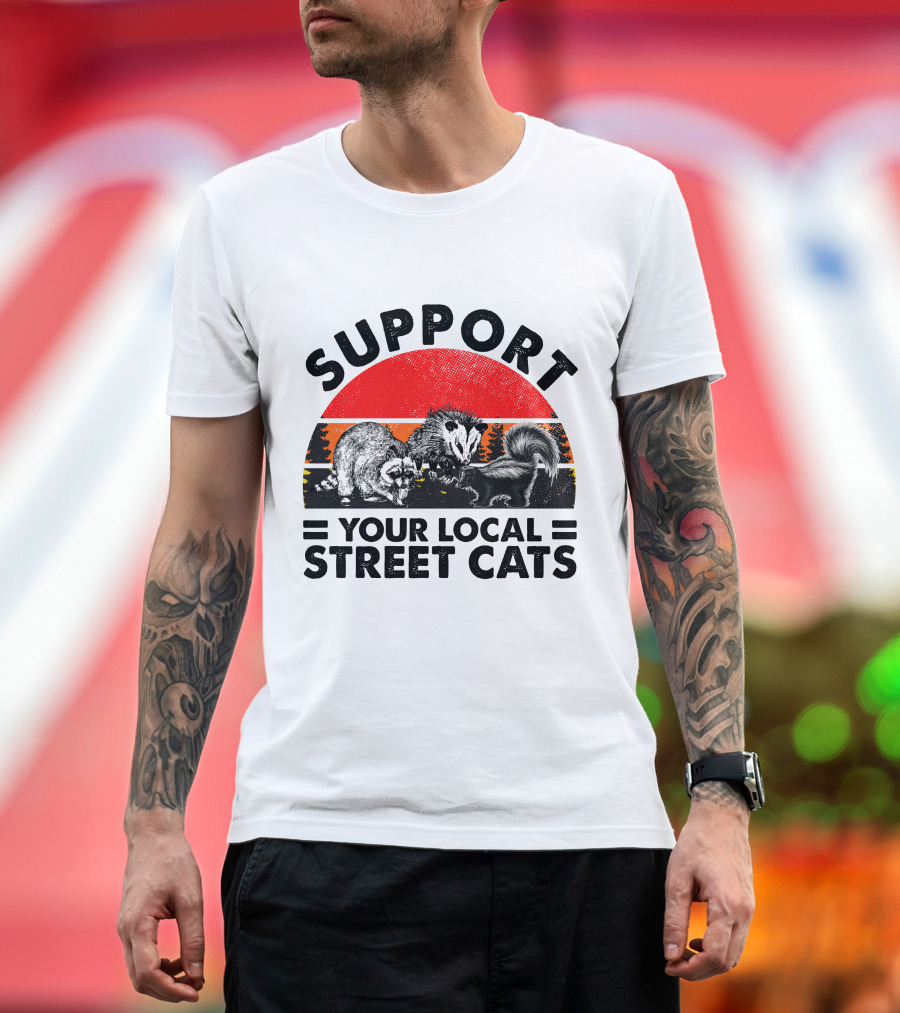 Support Your Local Street Cats Raccoon Opossum Skunk Sunset T-Shirt