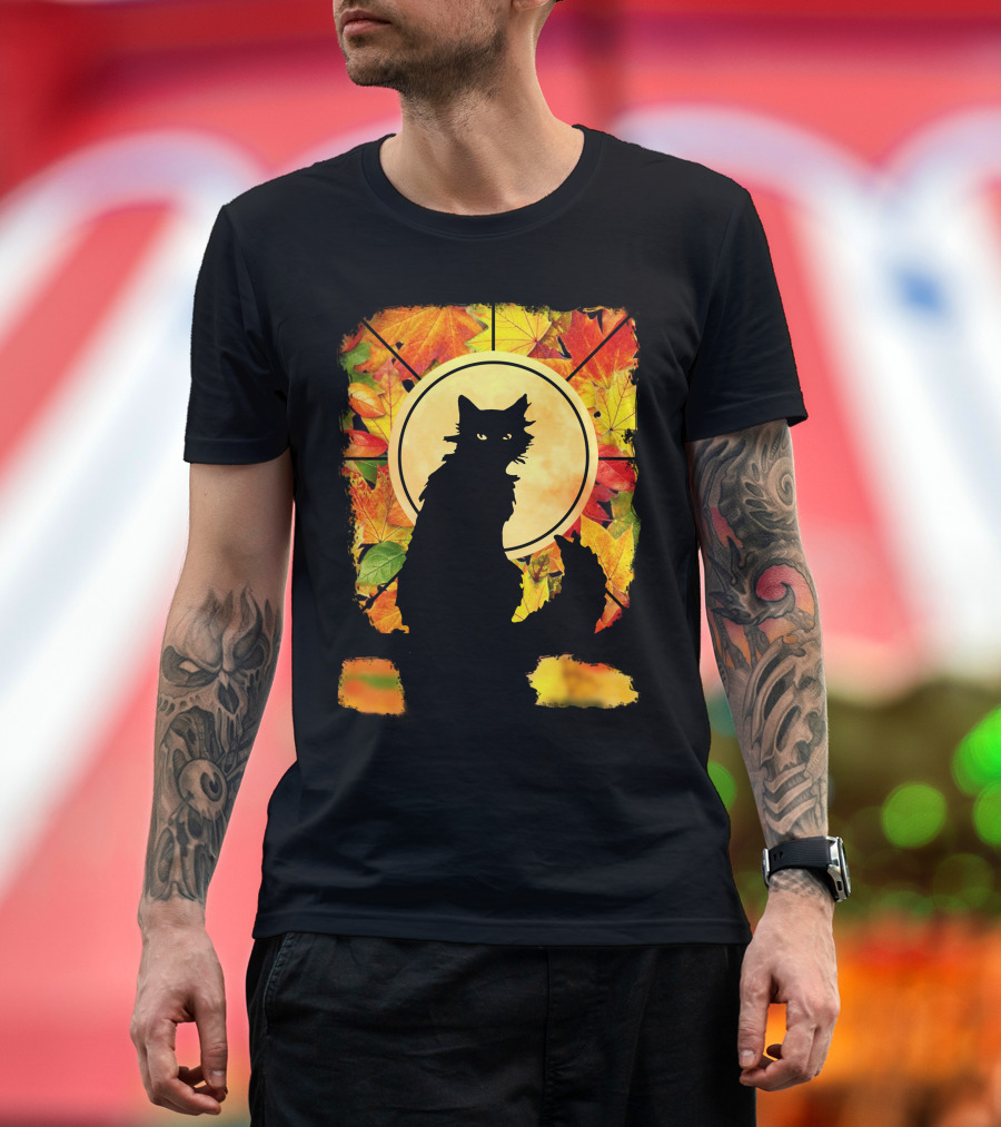 Black Cat Autumn Leaves Silhouette with Full Moon T-Shirt