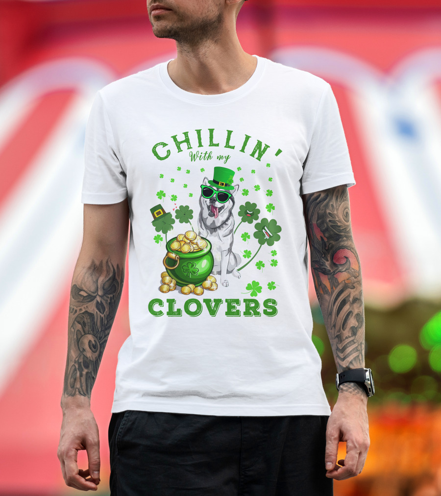 Chillin' With My Clovers Husky in Green Hat with Sunglasses and Gold Coins T-Shirt
