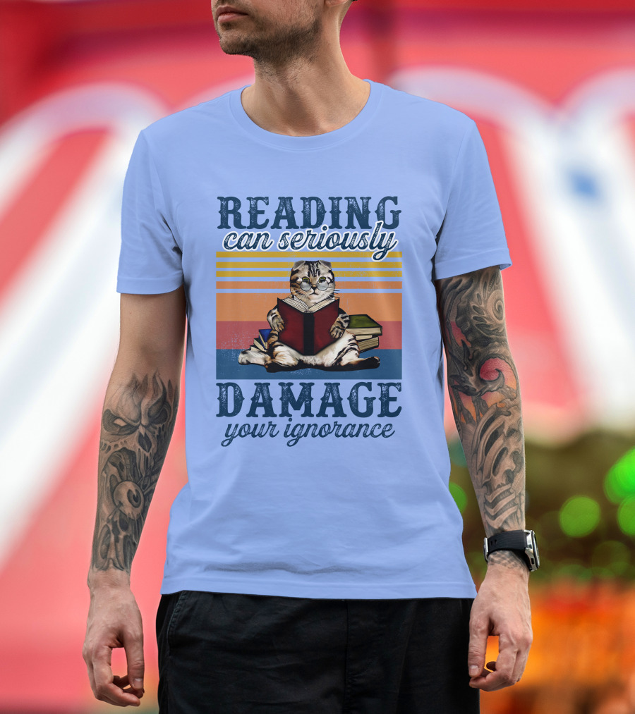 RD Cat Reading Can Seriously Damage Your Ignorance Cat Vintage Stripes T-Shirt