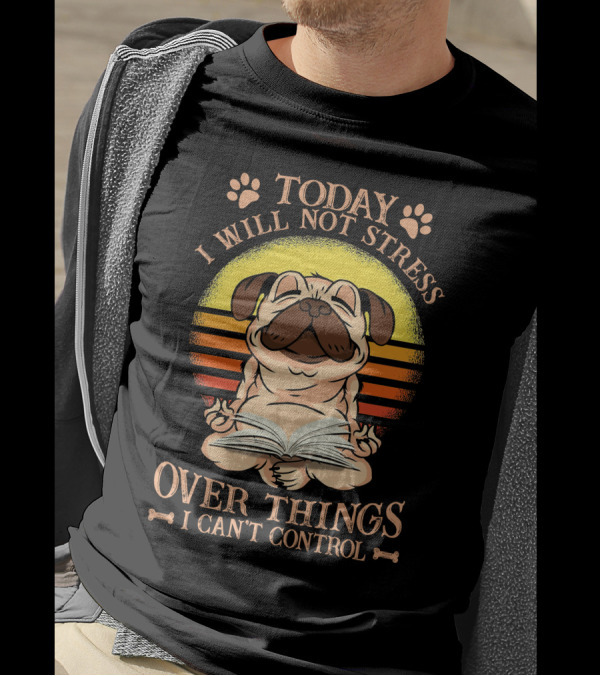 Today I Will Not Stress Over Things I Can't Control Pug With Open Book And Paw Prints Retro Sunset Background T-Shirt