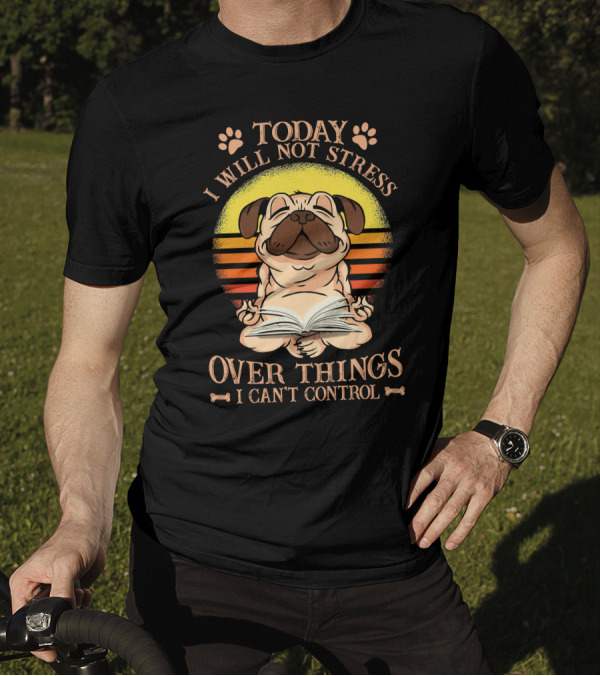 Today I Will Not Stress Over Things I Can't Control Pug With Open Book And Paw Prints Retro Sunset Background T-Shirt