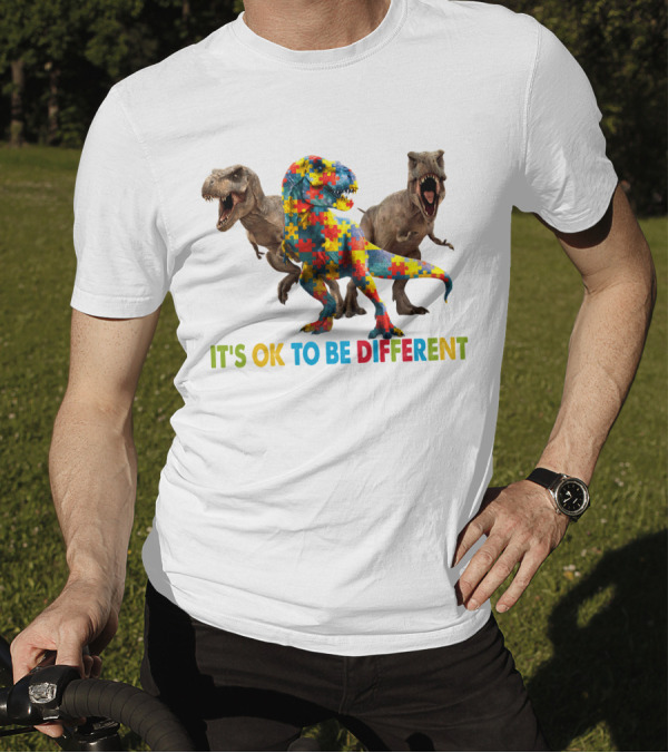 Autism It's Ok To Be Different Colorful Puzzle Piece Dinosaur T-Shirt