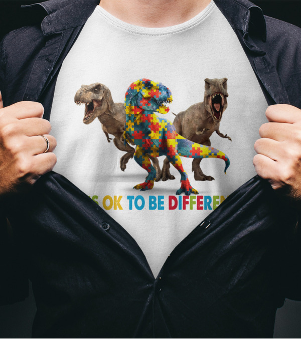 Autism It's Ok To Be Different Colorful Puzzle Piece Dinosaur T-Shirt