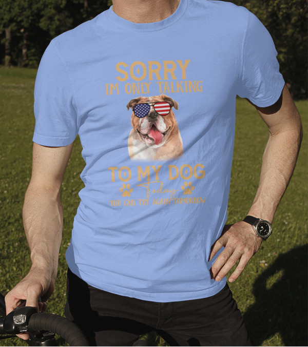 SORRY I'M ONLY TALKING TO MY DOG TODAY YOU CAN TRY AGAIN TOMORROW AMERICAN FLAG SUNGLASSES BULLDOG T-Shirt