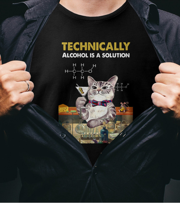 Technically Alcohol Is A Solution Chemistry Cat Bow Tie Mouse Lab Elements T-Shirt