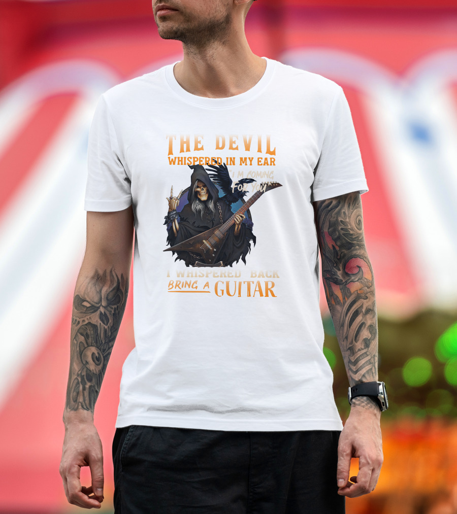 The Devil Whispered In My Ear I'm Coming For You I Whispered Back Bring A Guitar Skeleton in Hood Playing Electric Guitar T-Shirt