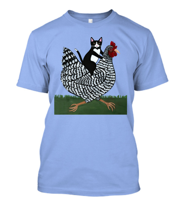Tuxedo Cat On A Barred Rock Chicken In Grass Scene T-Shirt