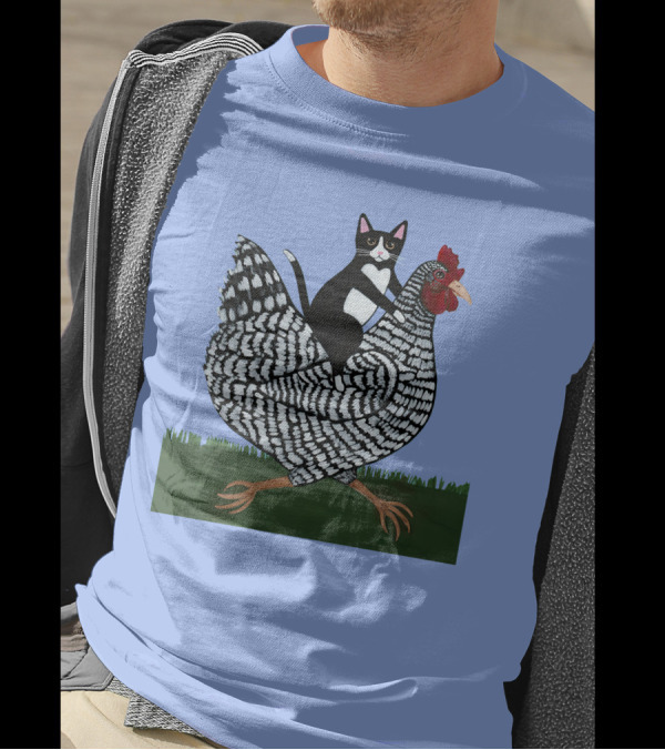 Tuxedo Cat On A Barred Rock Chicken In Grass Scene T-Shirt