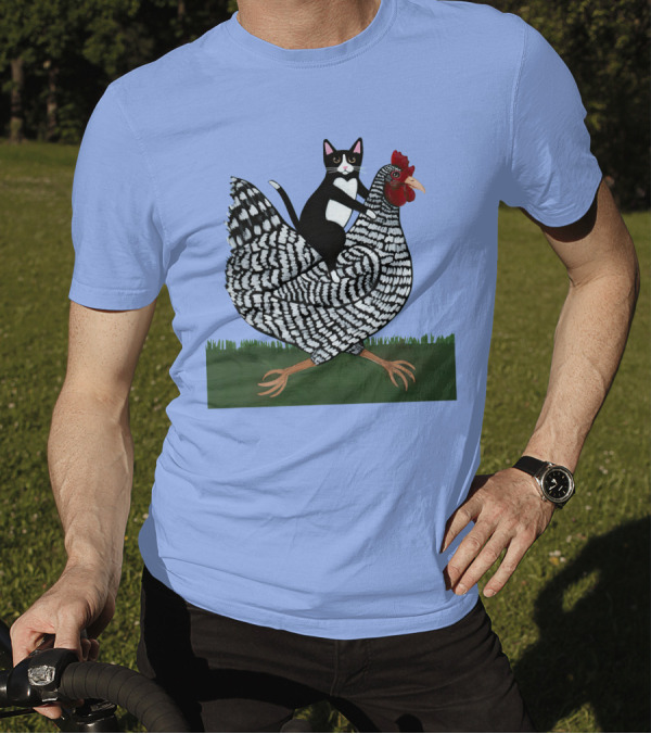 Tuxedo Cat On A Barred Rock Chicken In Grass Scene T-Shirt