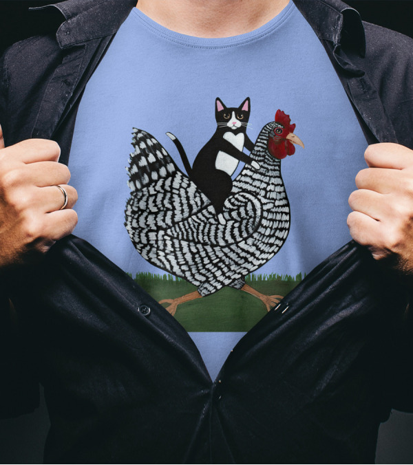 Tuxedo Cat On A Barred Rock Chicken In Grass Scene T-Shirt
