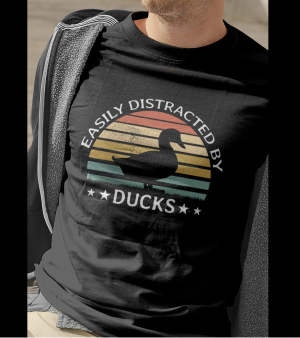 Easily Distracted By Ducks Vintage Funny Lover Silhouette Retro Stripes T-Shirt