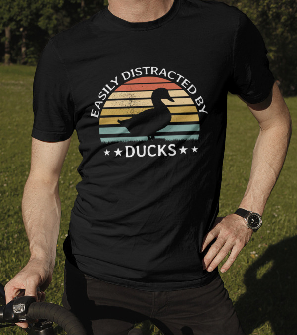 Easily Distracted By Ducks Vintage Funny Lover Silhouette Retro Stripes T-Shirt