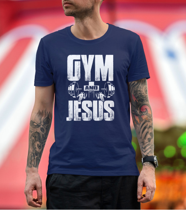 Premium T-Shirt: GYM and JESUS Weightlifting Barbell with Hands and Cross T-Shirt GYM and JESUS Weightlifting Barbell with Hands and Cross T-Shirt