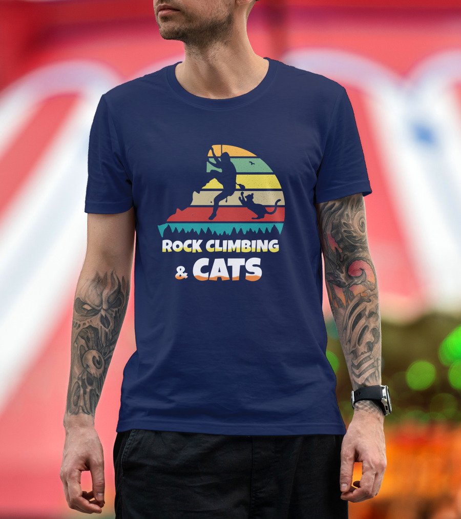 Rock Climbing and Cats Retro Stripes Adventure T-Shirt