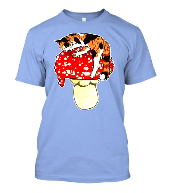 Cute Calico Cat Napping On Red Spotted Mushroom T-Shirt