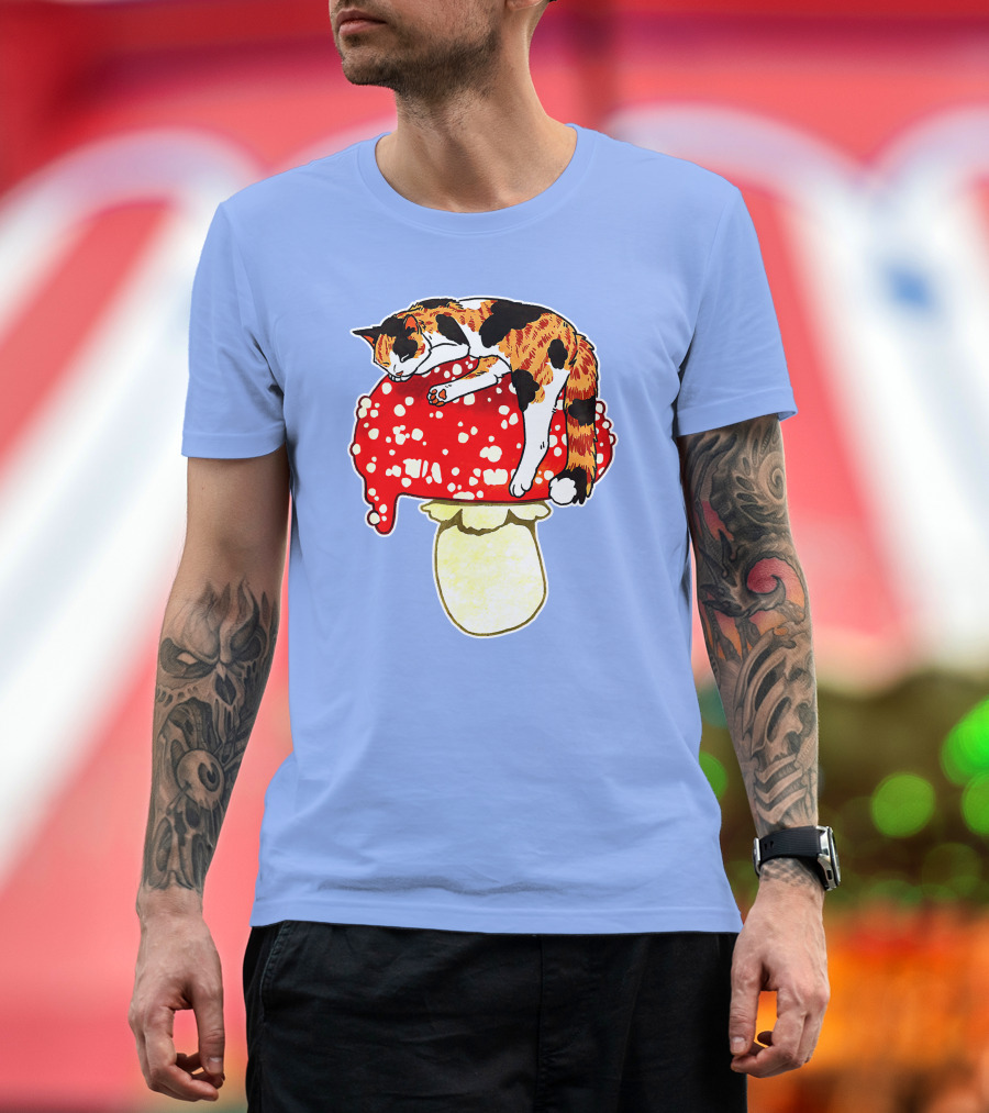 Cute Calico Cat Napping on Red Spotted Mushroom T-Shirt