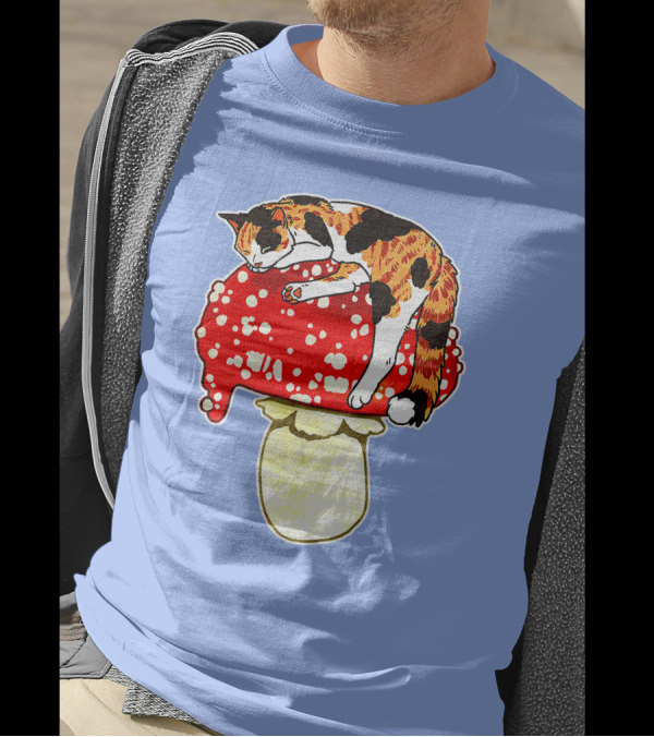 Cute Calico Cat Napping On Red Spotted Mushroom T-Shirt