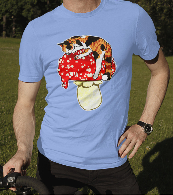 Cute Calico Cat Napping On Red Spotted Mushroom T-Shirt