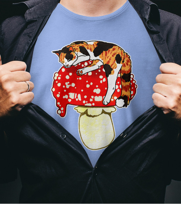 Cute Calico Cat Napping On Red Spotted Mushroom T-Shirt