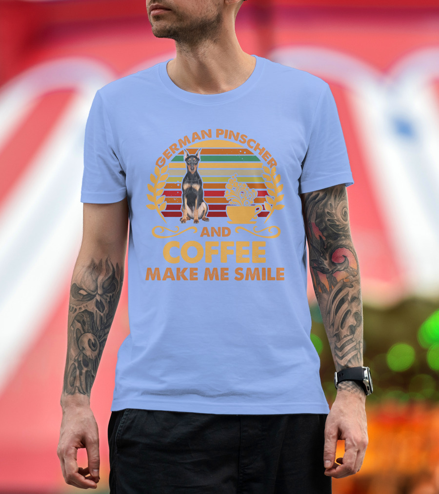 German Pinscher Coffee Make Me Smile Retro Rainbow T-Shirt