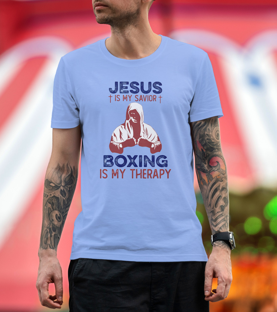 Jesus Is My Savior Boxing Is My Therapy Hoodie-Clad Figure T-Shirt
