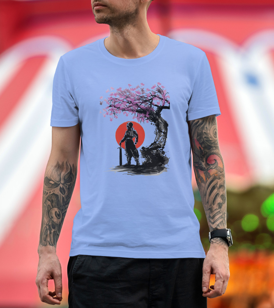 Trunks Hope Under The Sun Cherry Blossom Silhouette with Sword Red Circle Background T-Shirt