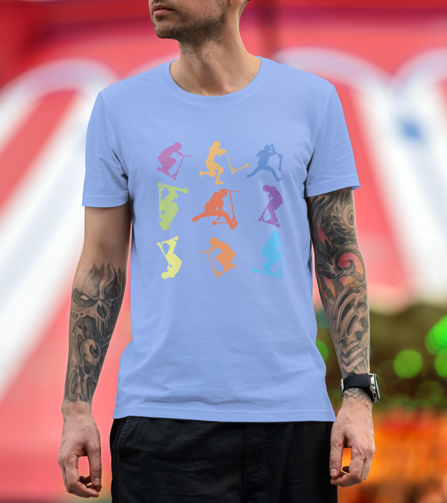 Stunt Scooter Tricks Multicolor Silhouettes in Action T-Shirt