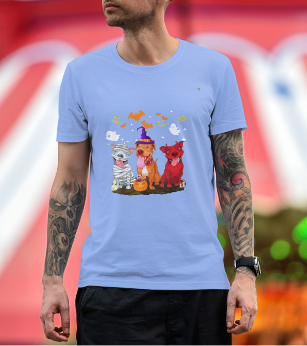 Premium T-Shirt: Funny Pitbull Halloween Mummy Witch Ghost Dogs with Pumpkins and Bats T-Shirt Funny Pitbull Halloween Mummy Witch Ghost Dogs with Pumpkins and Bats T-Shirt
