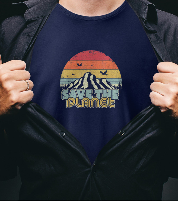 Save The Planet Vintage Sunset Mountain Climate Change T-Shirt