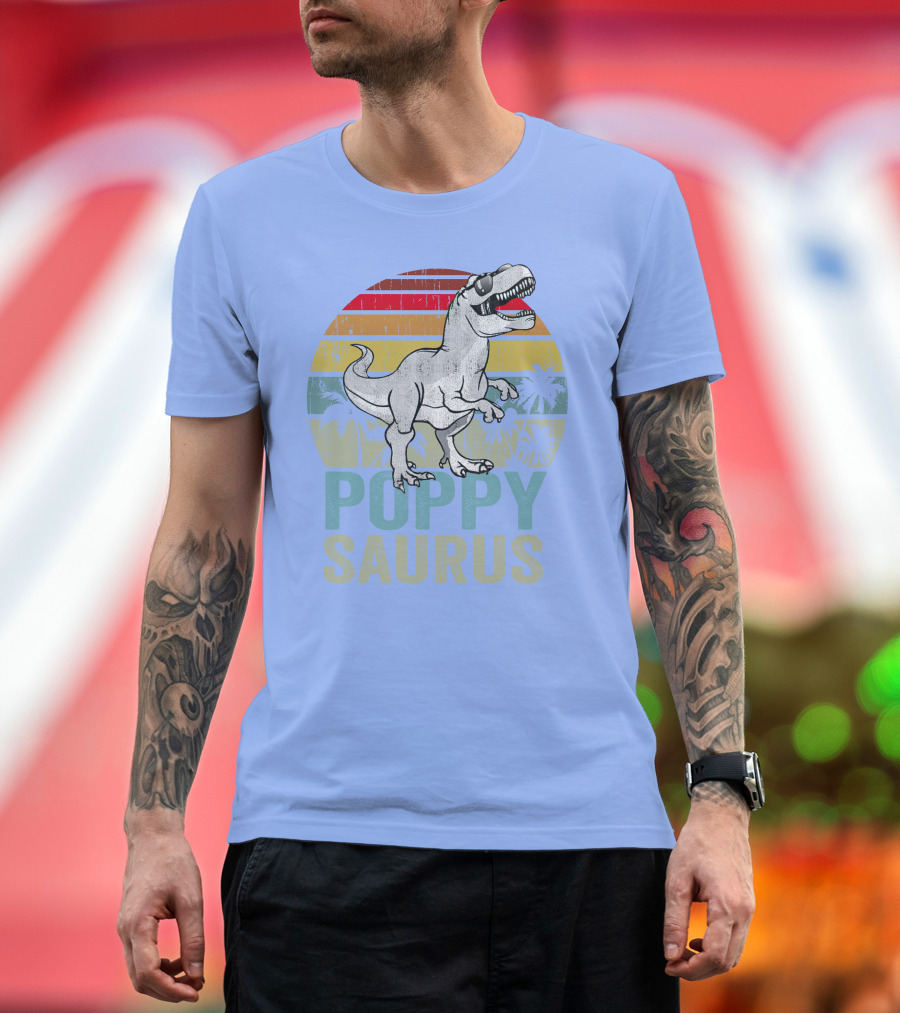 Poppysaurus Rex Dinosaur Poppy Saurus Sunglasses T-Rex Retro Colors Palm Trees T-Shirt