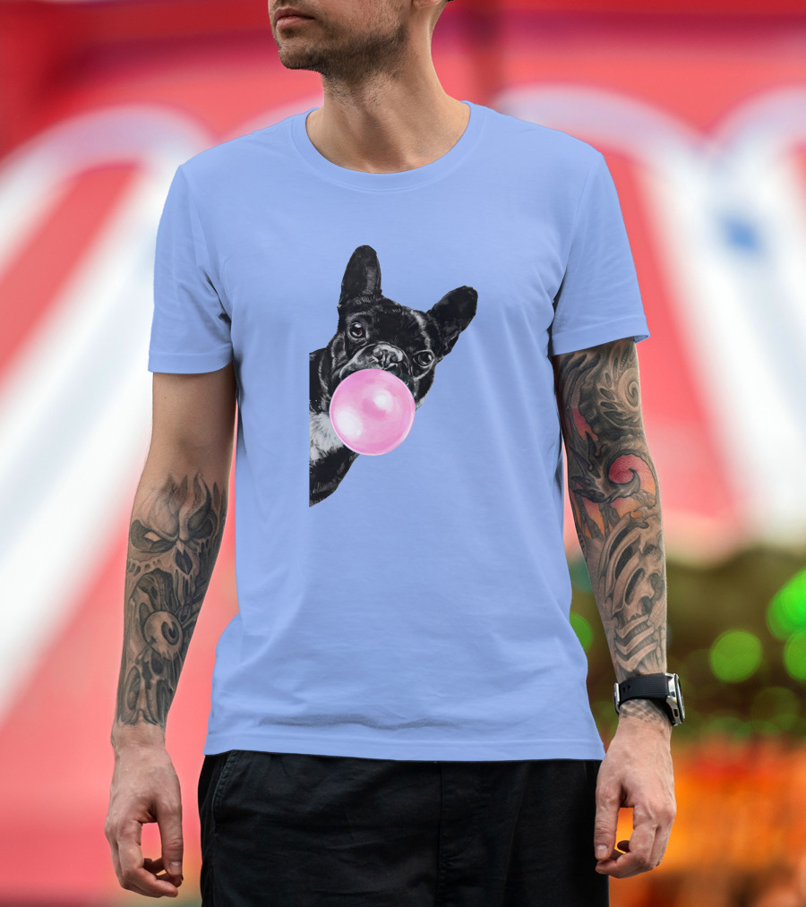 Sneaky French Bulldog Blowing Bubble Gum in Green Tint T-Shirt