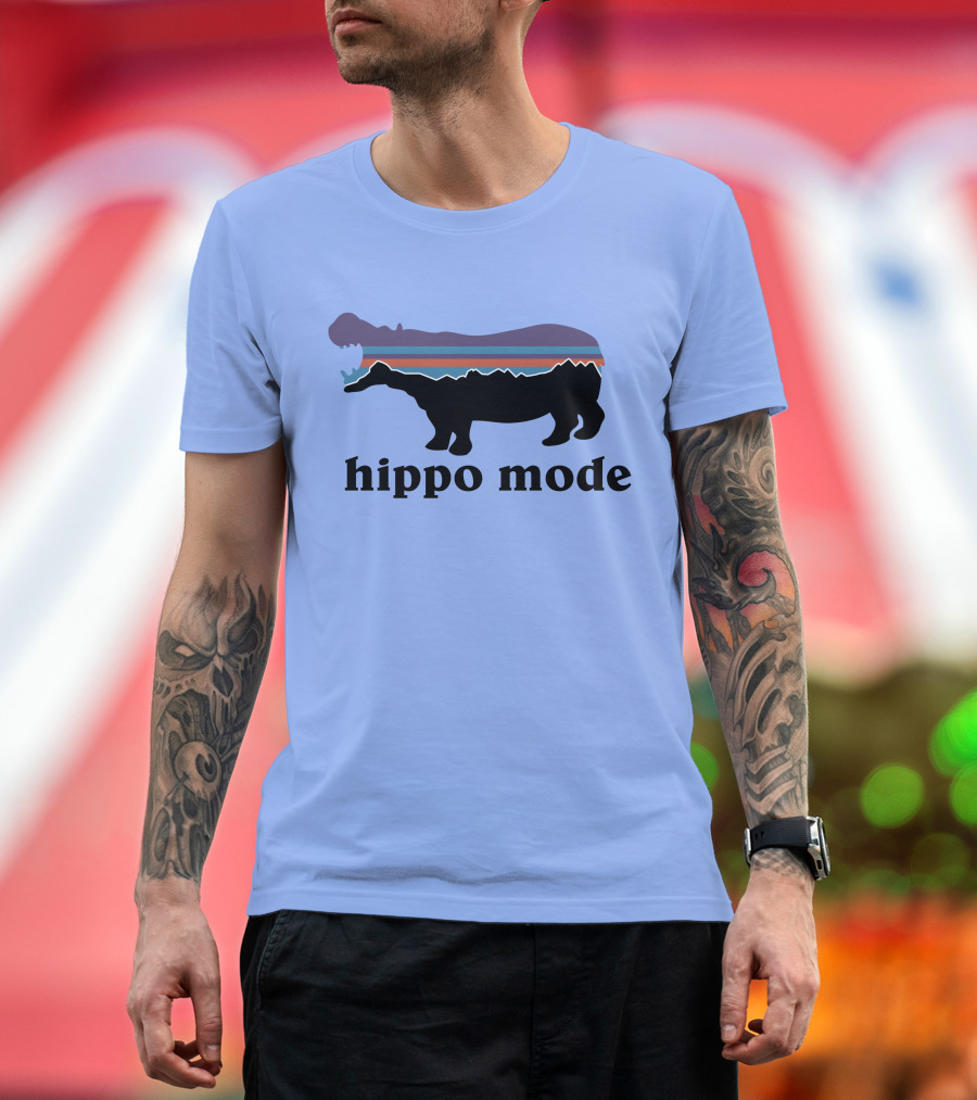 Hippo Mode Silhouette with Vintage Landscape Stripes T-Shirt