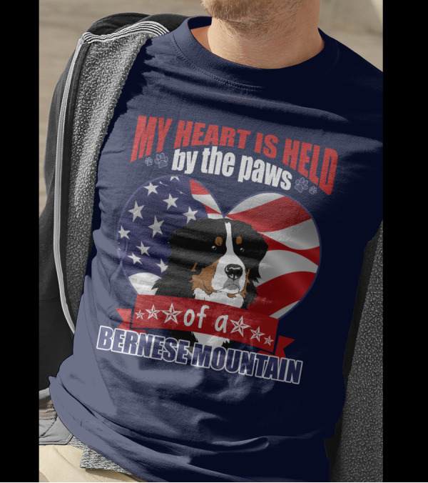 My Heart Is Held By The Paws Of A Bernese Mountain With American Flag Heart T-Shirt