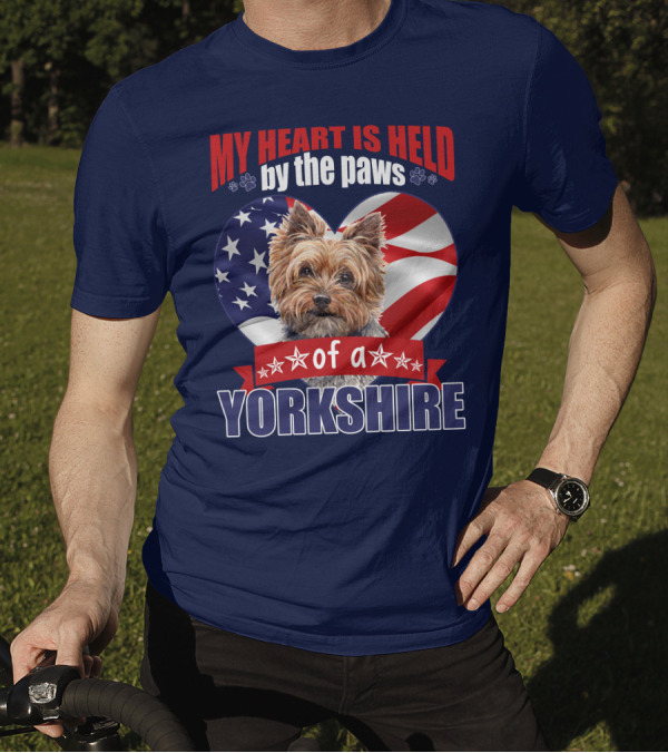 My Heart Is Held By The Paws Of A Yorkshire Terrier American Flag Heart T-Shirt